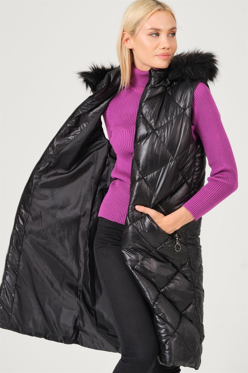 Z6717 DEWBERRY BAYAN YELEK-DÜZ SİYAH