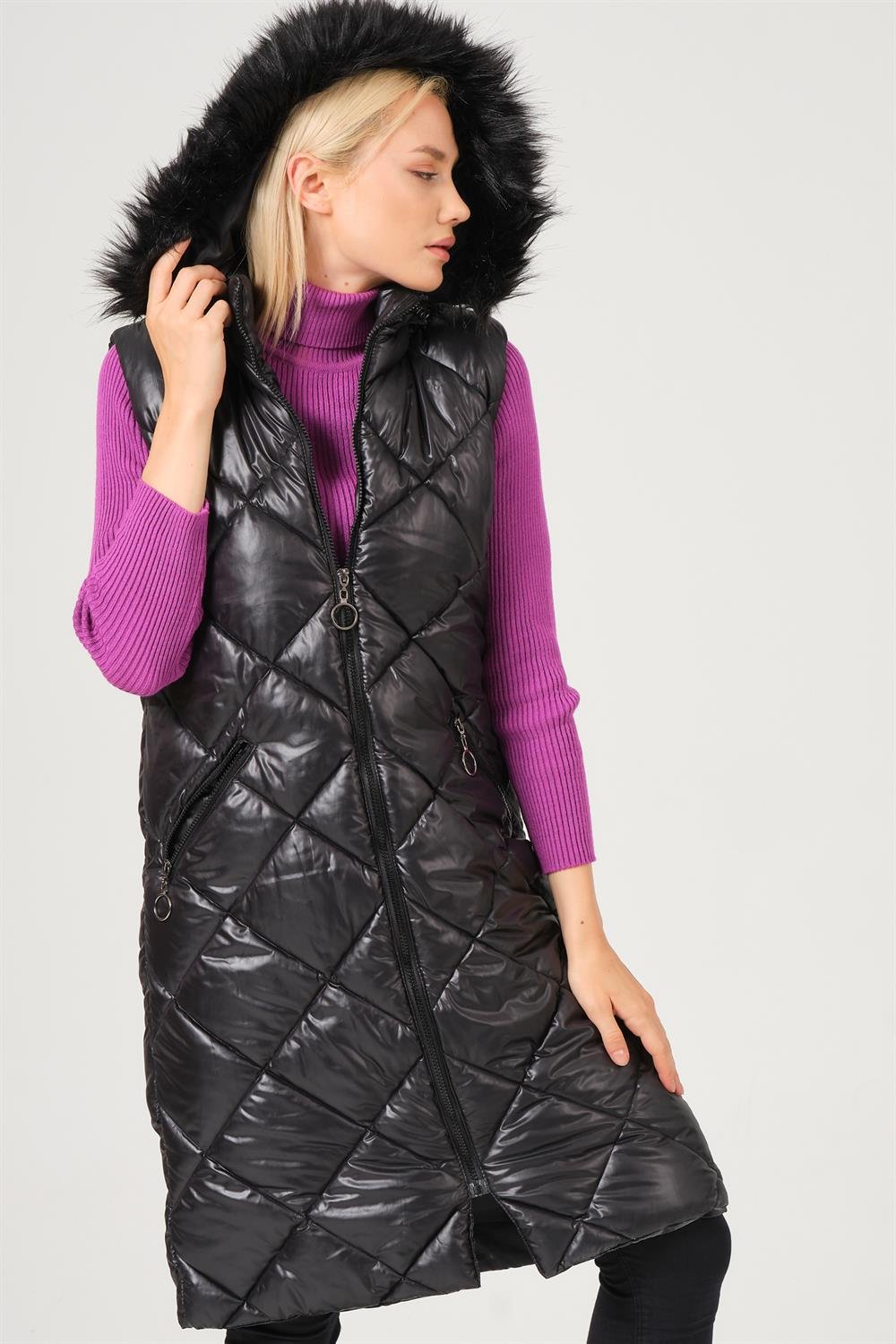 Z6717 DEWBERRY BAYAN YELEK-DÜZ SİYAH