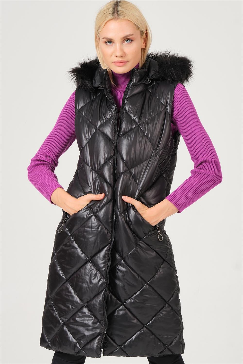 Z6717 DEWBERRY BAYAN YELEK-DÜZ SİYAH