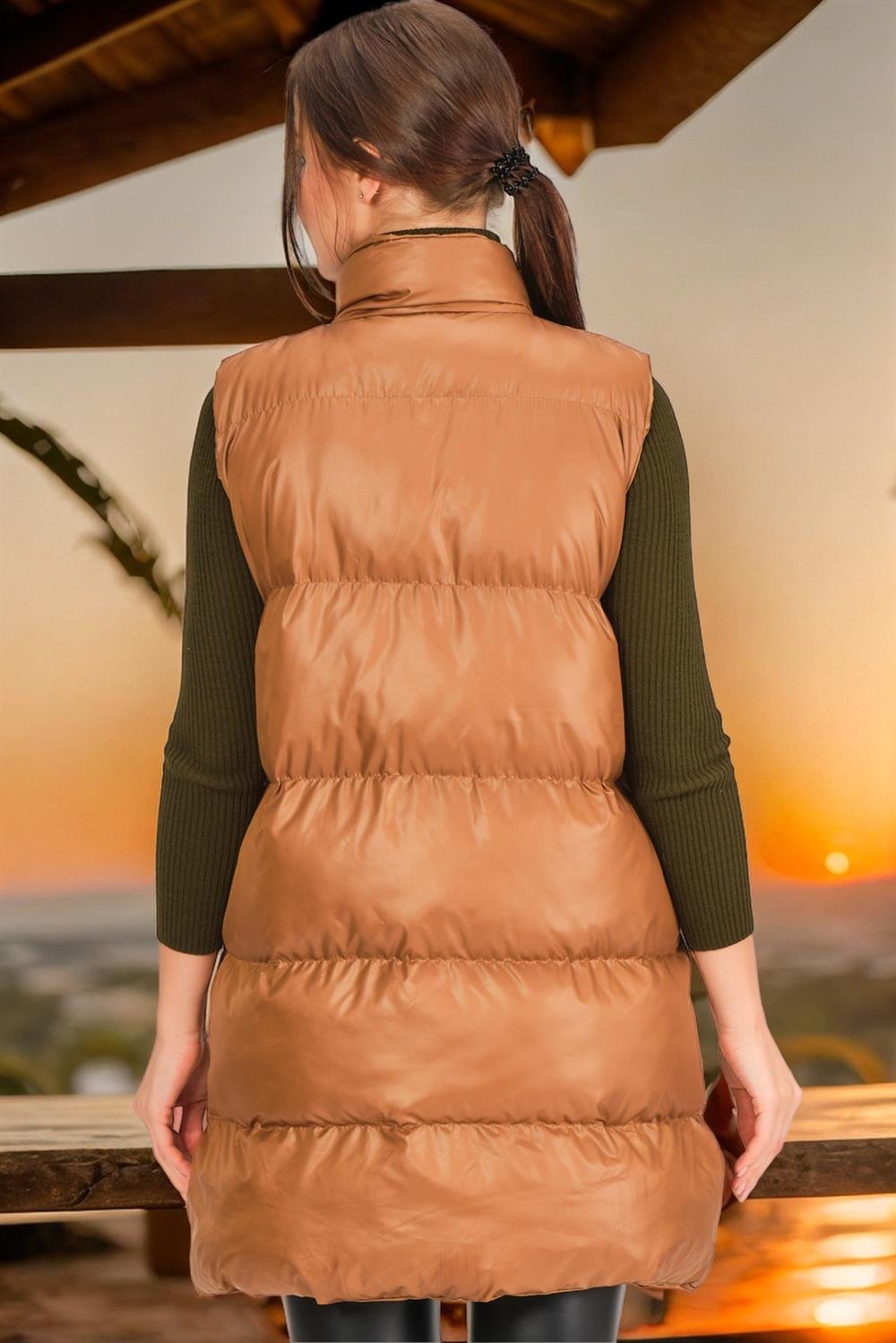 Z6729 DEWBERRY HK STYLE BAYAN YELEK-DÜZ CAMEL