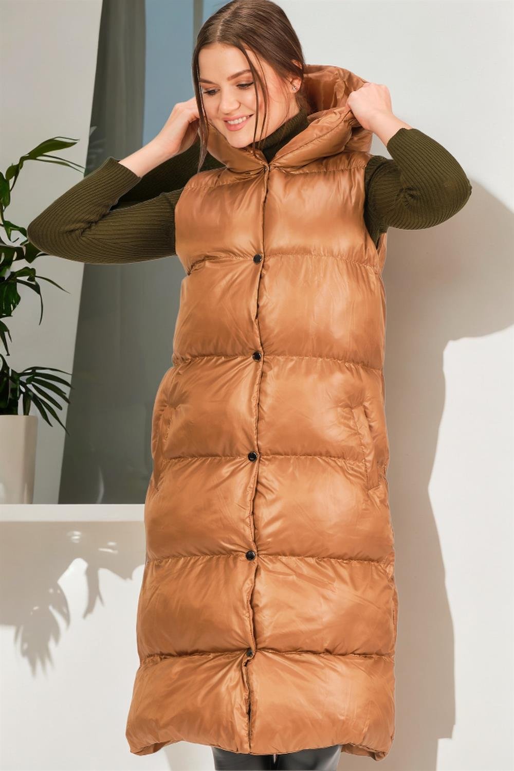 Z6734 DEWBERRY XEXESE BAYAN YELEK-DÜZ CAMEL