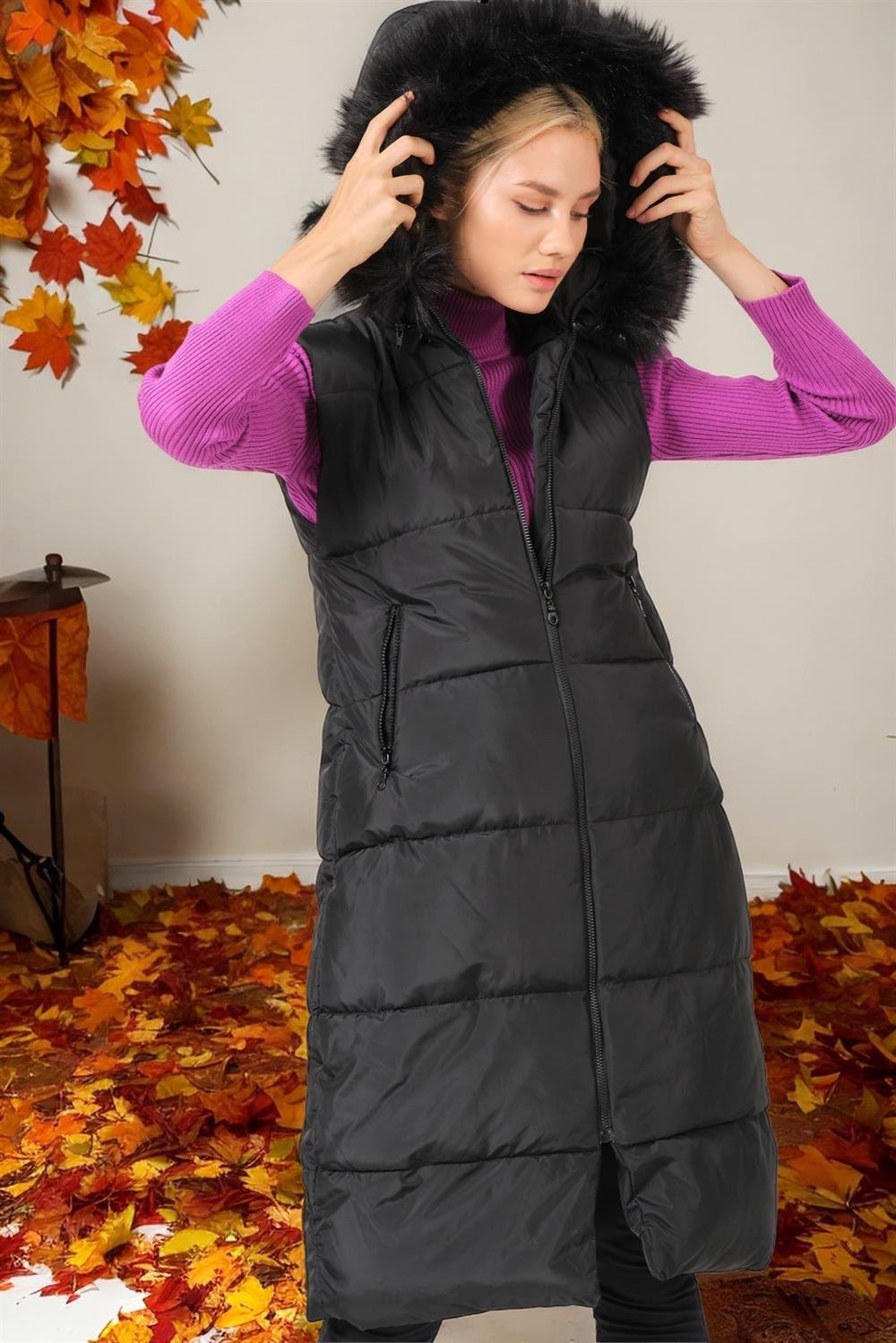 Z6741 DEWBERRY BAYAN YELEK-DÜZ SİYAH