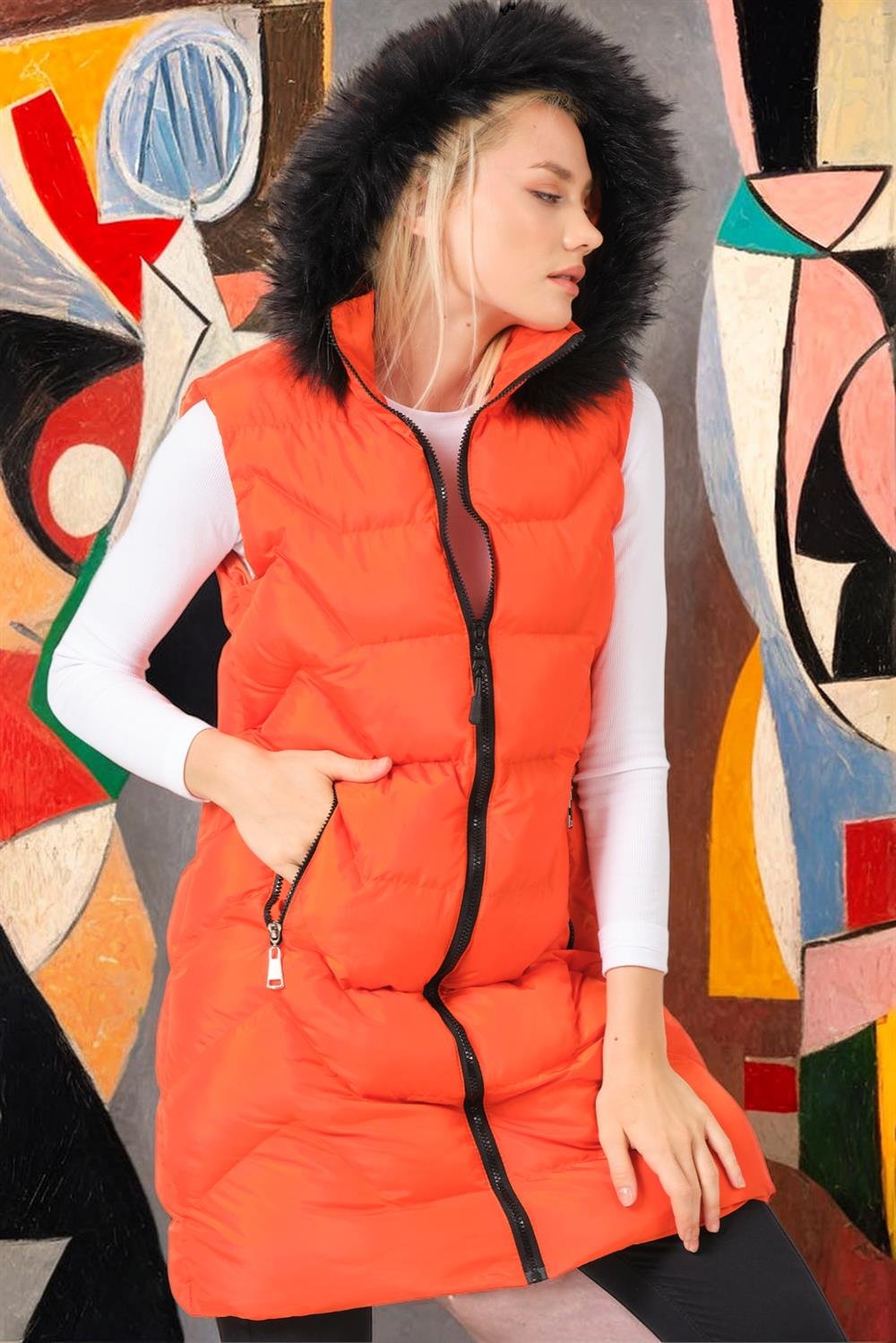 Z6761 DEWBERRY BAYAN YELEK-DÜZ TURUNCU