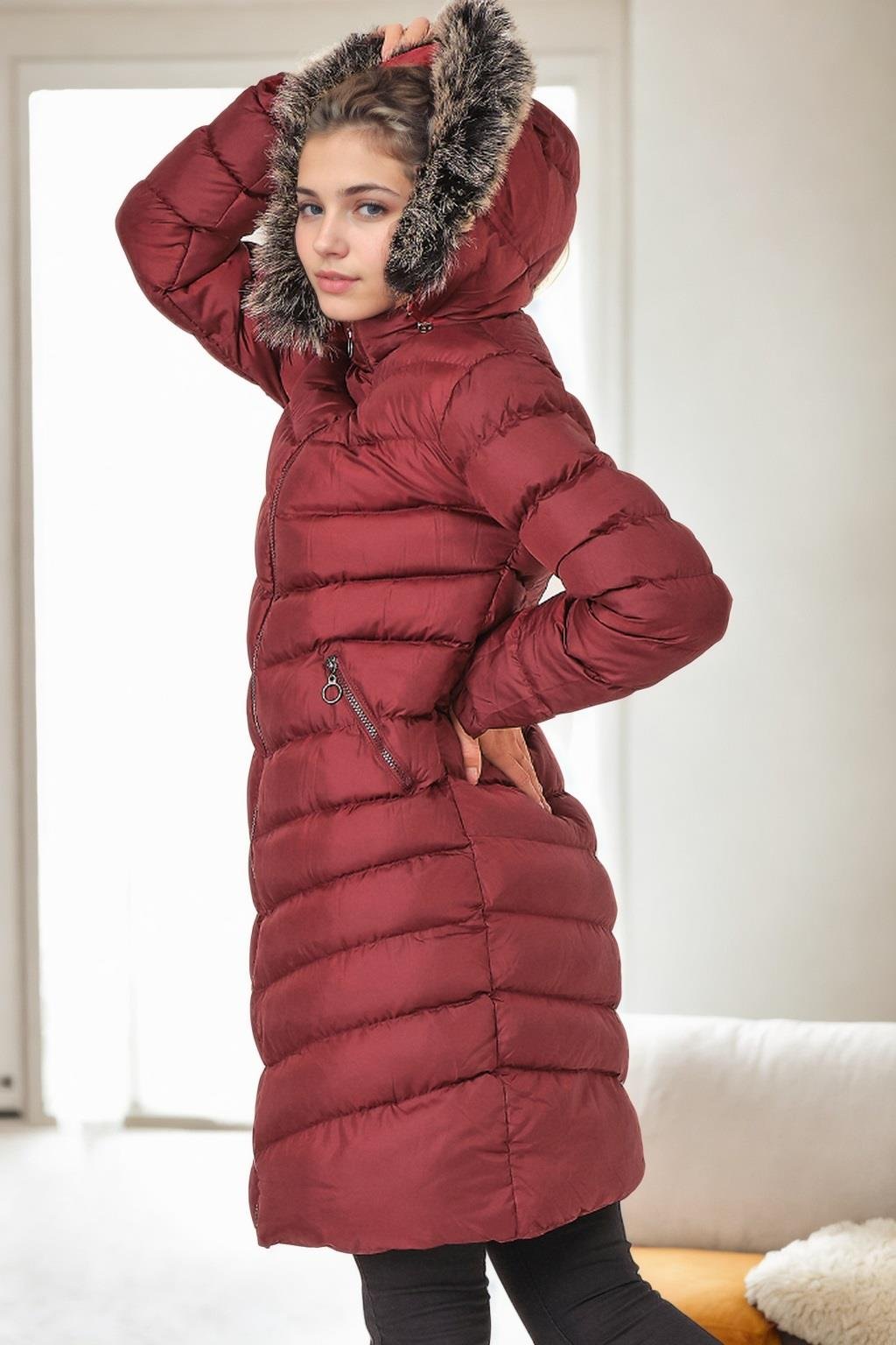 Z9690 DEWBERRY KÜRKLÜ KAPŞONLU BAYAN KABAN-BORDO