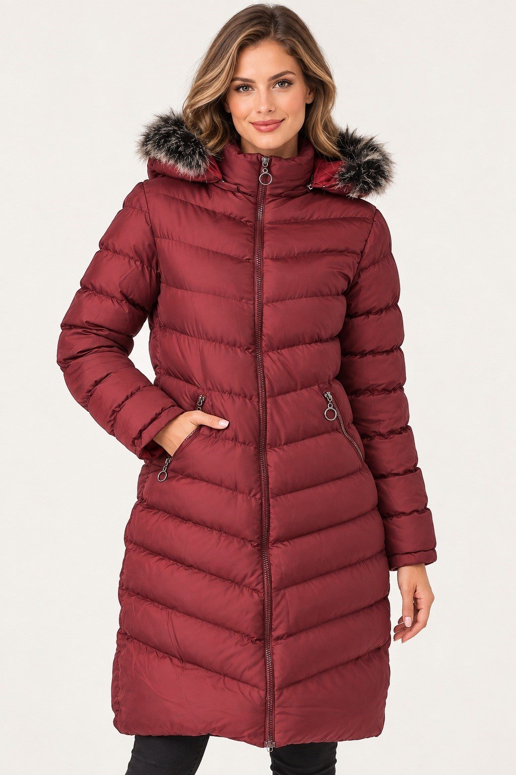 Z9690 DEWBERRY KÜRKLÜ KAPŞONLU BAYAN KABAN-BORDO-1