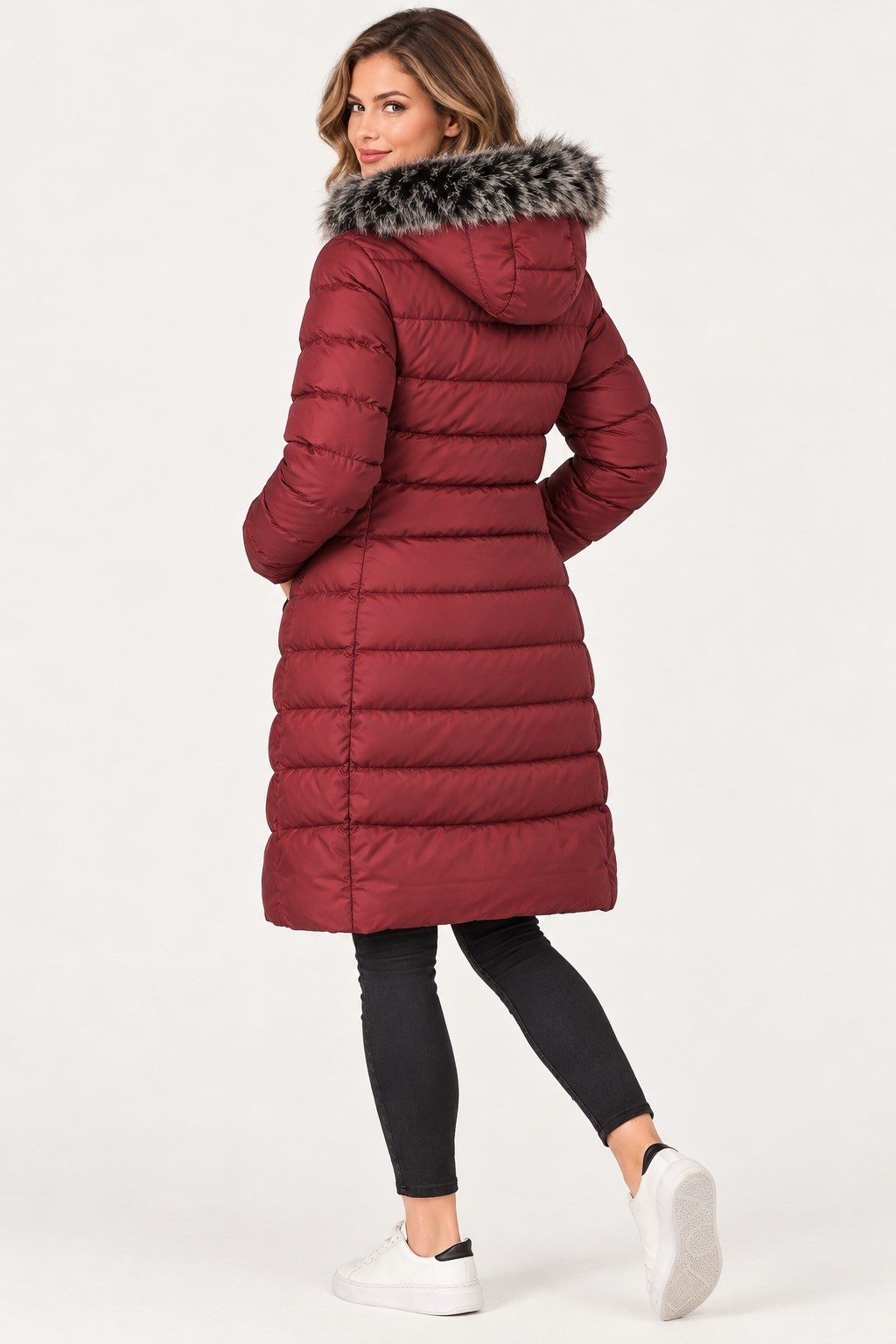 Z9690 DEWBERRY KÜRKLÜ KAPŞONLU BAYAN KABAN-BORDO-1