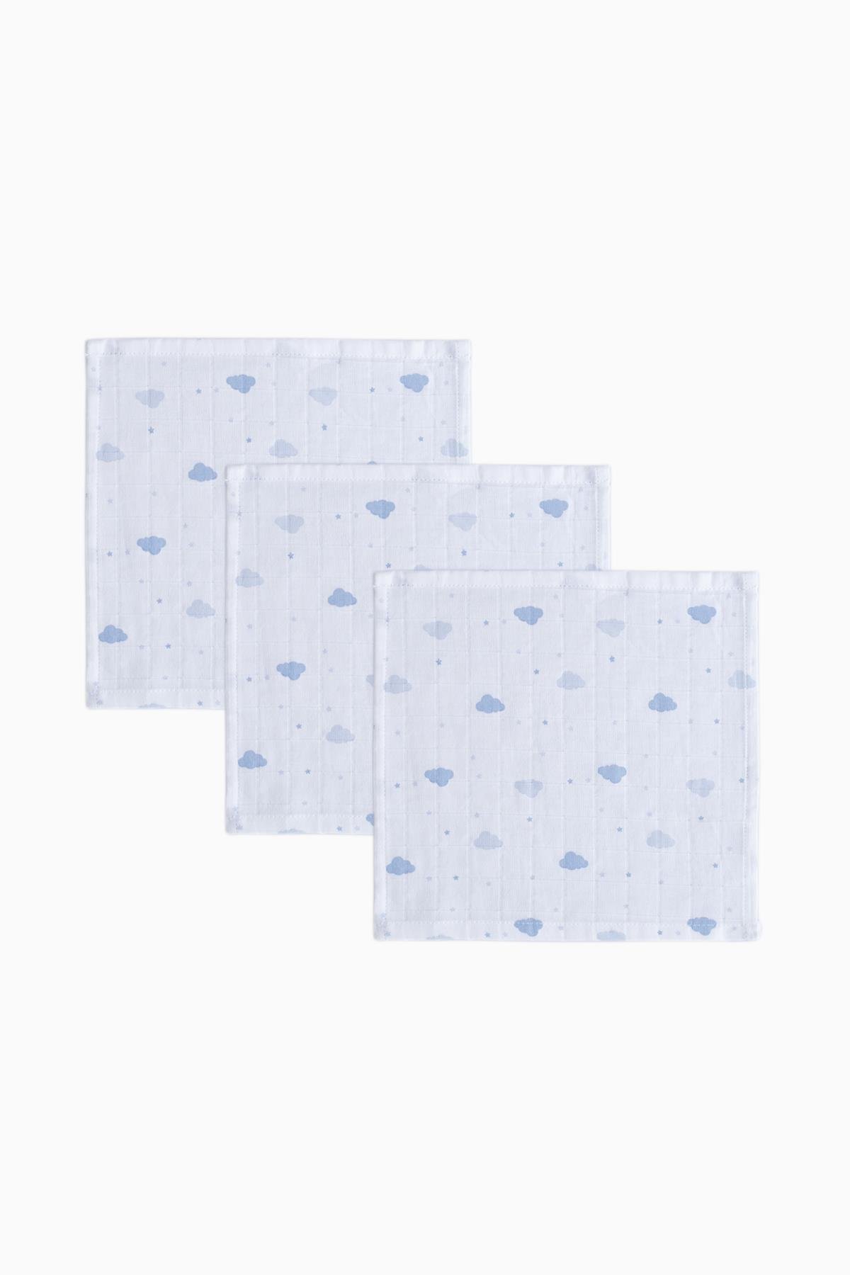 3'lü Müslin Bebek Ağız Bezi Bulut Desenli 25x25 cmAğız Bezi 3'lü Müslin Bebek Ağız Bezi Bulut Desenli Mavi 25x25 cm Uygun Bebe