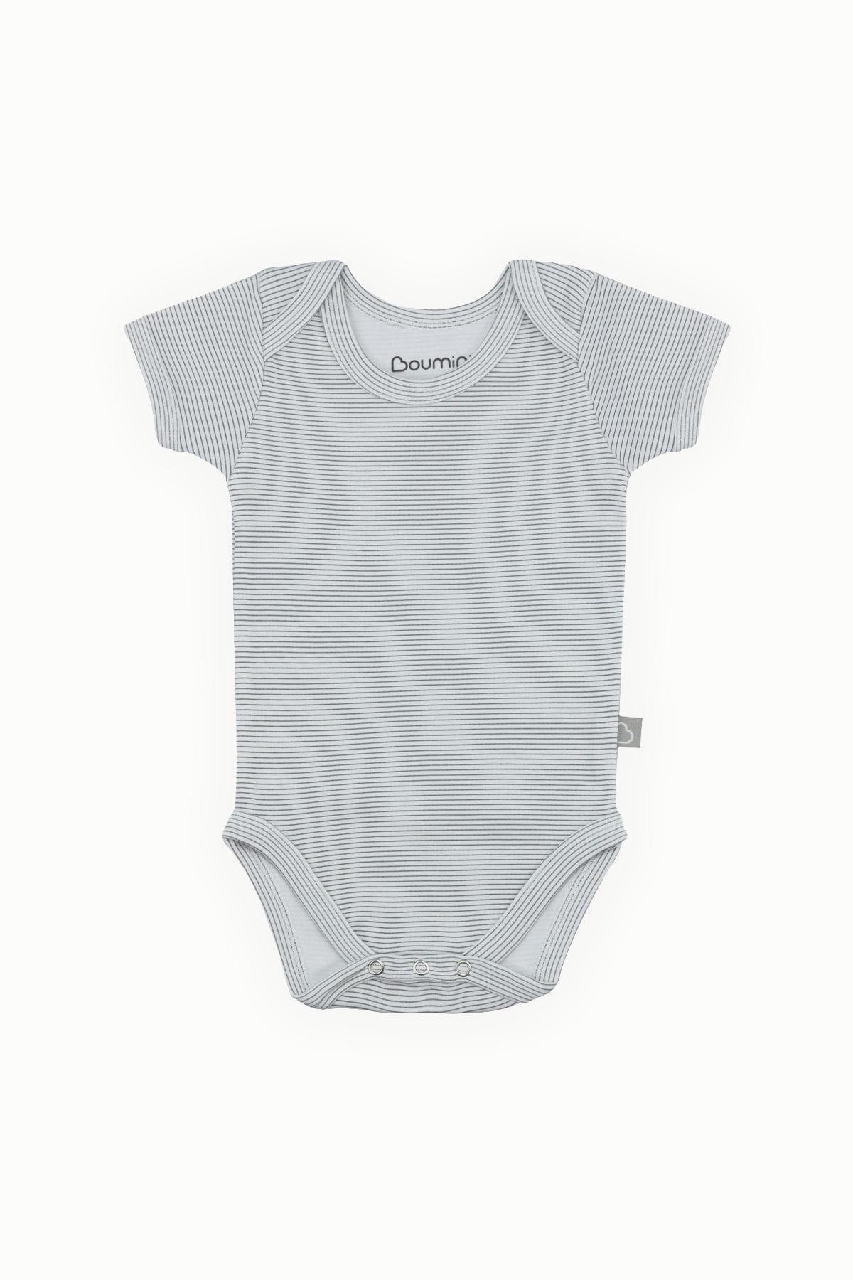 BouminiBoumini Pamuklu Bebek Kısa Kollu Çıtçıtlı Body Gri Çizgili Zarf Yaka 0-36 ayBody&Zıbın