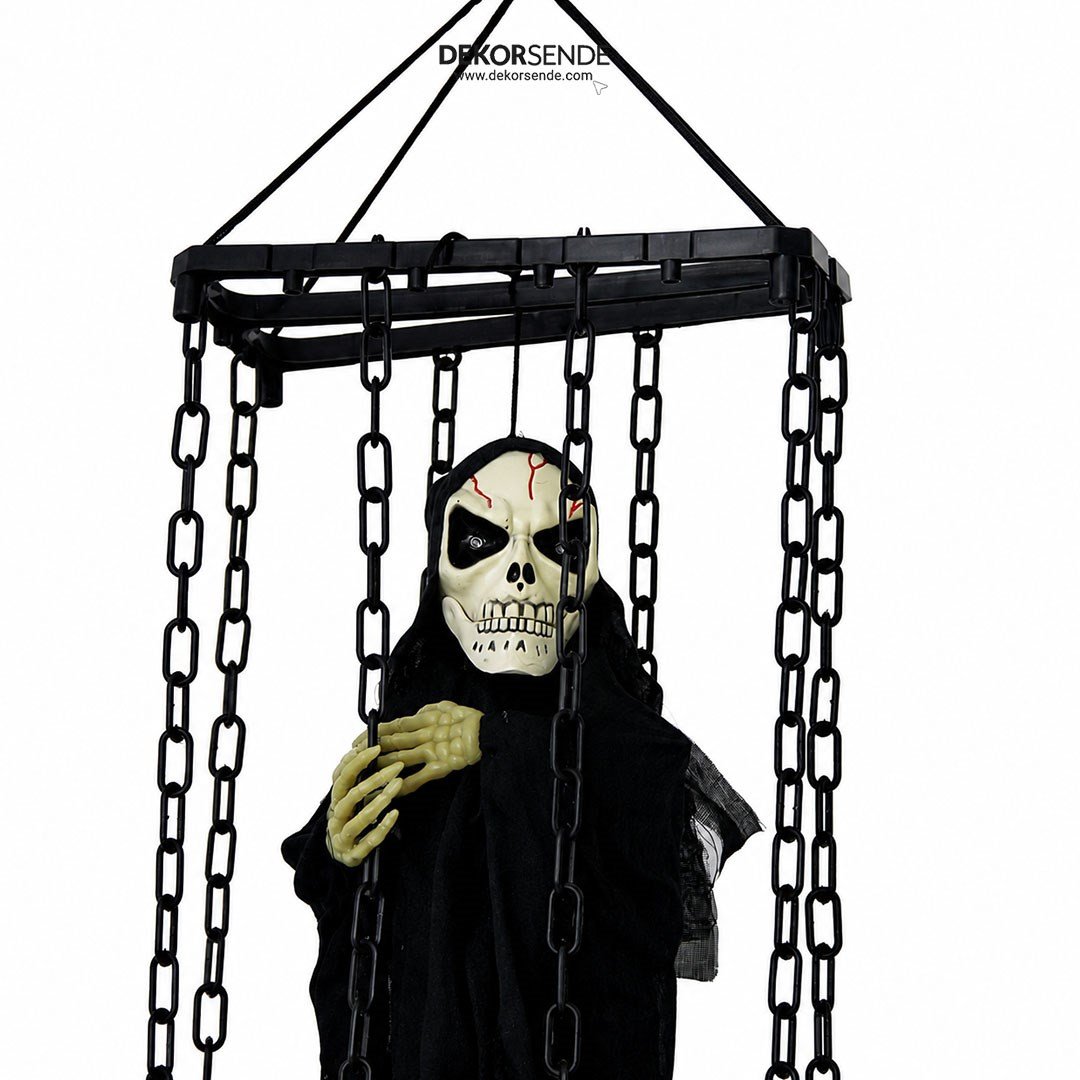 Cadılar Bayramı Asılabilir Kafeste Kuru Kafa 60 cm - Halloween