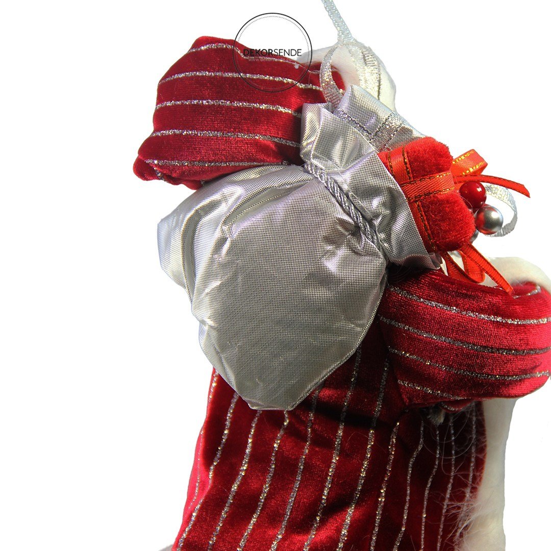 Çizgili Kadife Noel Baba Kırmızı 30 cm - Noel Baba ve Figürler