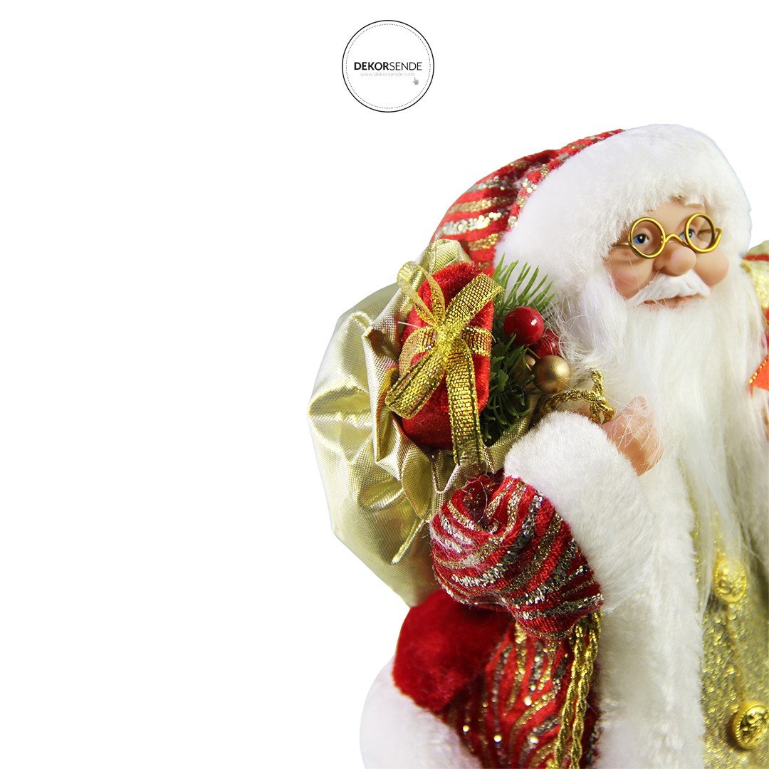 Çizgili Sarı Pullu Noel Baba Kırmızı 30 cm - Noel Baba ve Figürler