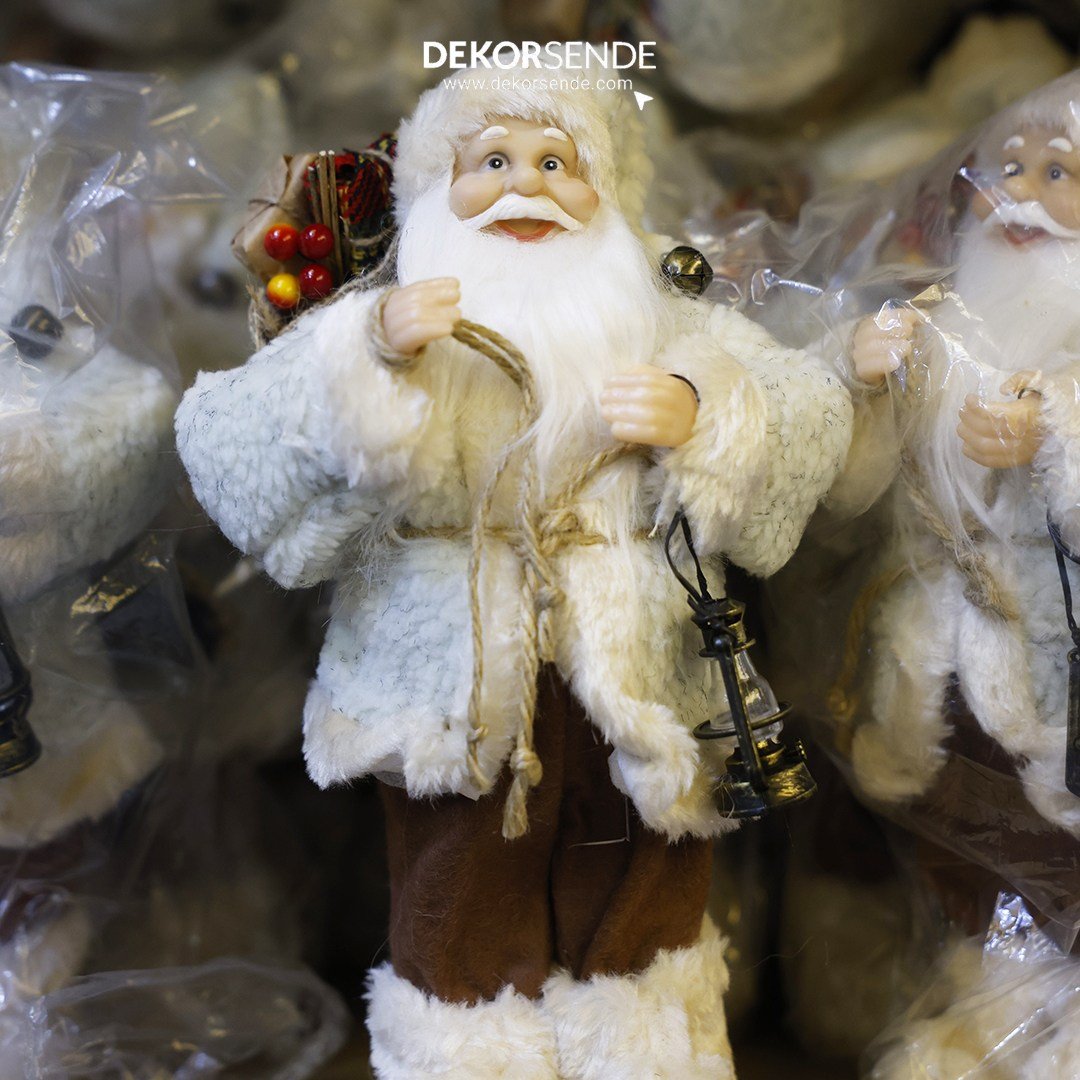 Fenerli Polarlı Noel Baba Bej 30 cm - Noel Baba ve Figürler