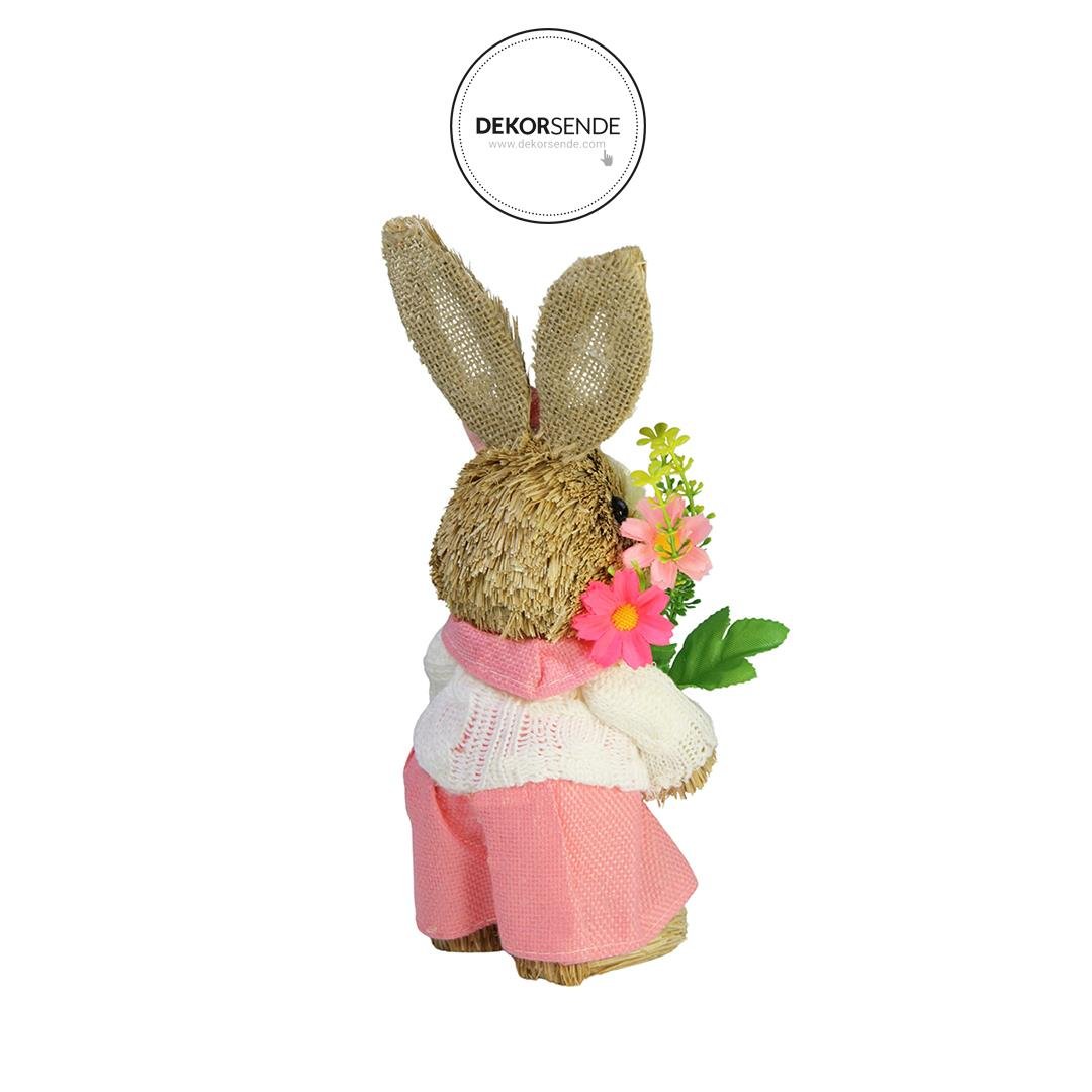 Hasır Paskalya Çiçekli Tavşan Pembe Beyaz 30 cm - Paskalya