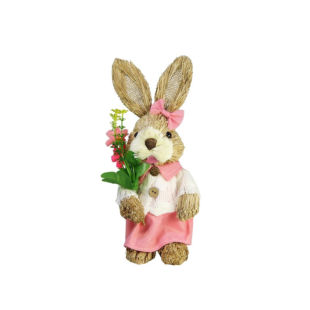 Hasır Paskalya Çiçekli Tavşan Pembe Beyaz 30 cm - Paskalya