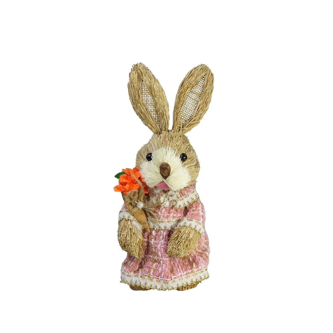 Hasır Paskalya Örgü Elbiseli Havuçlu Tavşan Pembe 30 cm - Paskalya