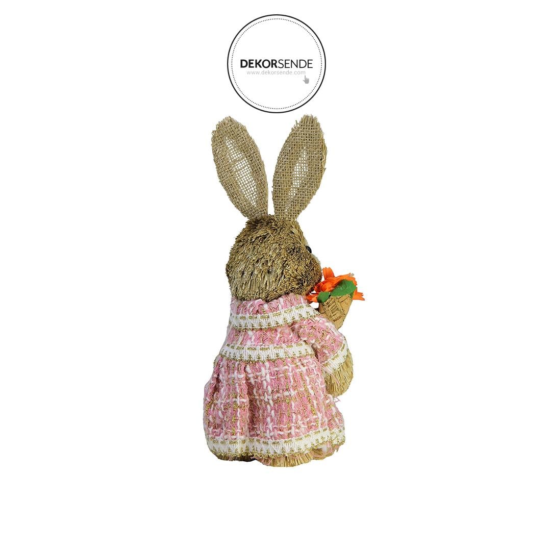 Hasır Paskalya Örgü Elbiseli Havuçlu Tavşan Pembe 30 cm - Paskalya