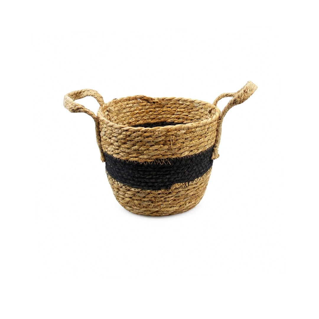 Hasır Sepet Kulplu Siyah Şeritli Küçük Boy 18 cm - Kategorisiz