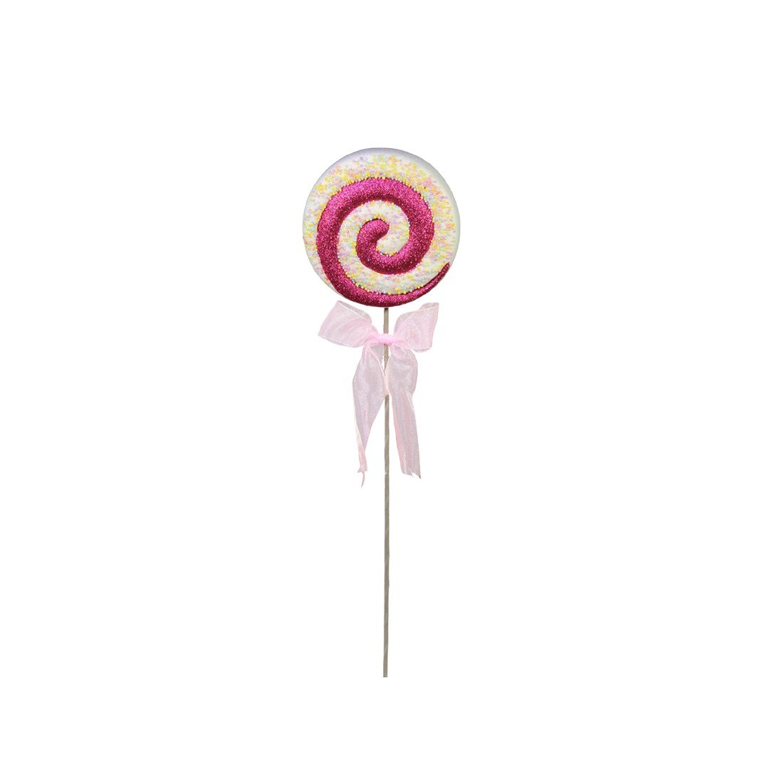 Kar Efektli Pırıltılı Yılbaşı Lolipop Süs Fuşya Beyaz 40 cm - Ağaç Süsleri