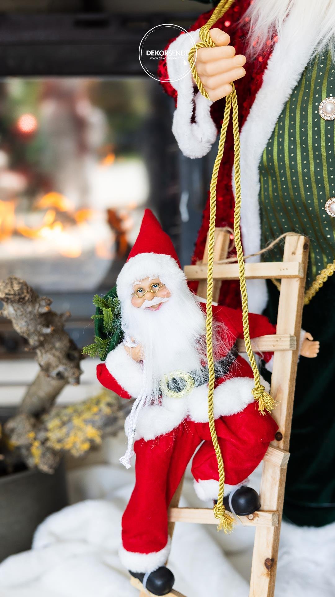 Merdivene Tırmanan Noel Baba Kırmızı-Beyaz 50 cm - Noel Baba ve Figürler