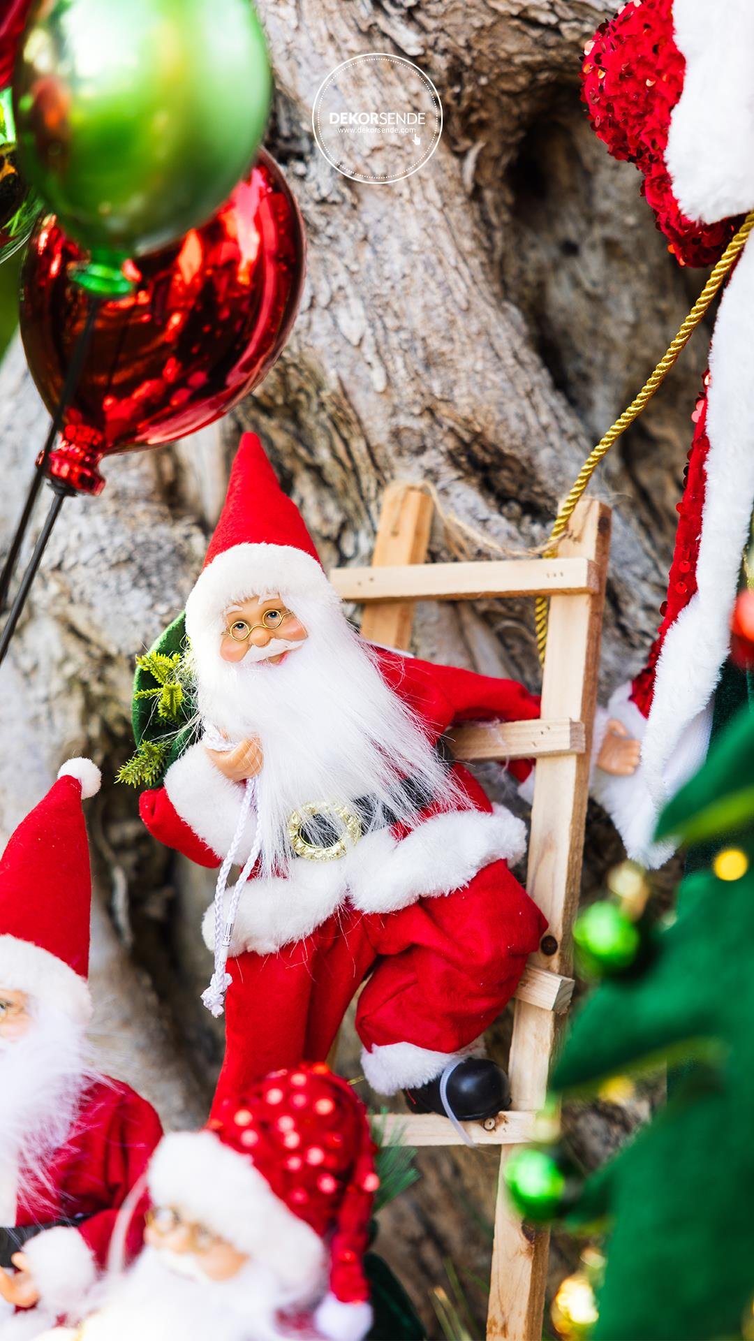 Merdivene Tırmanan Noel Baba Kırmızı-Beyaz 50 cm - Noel Baba ve Figürler