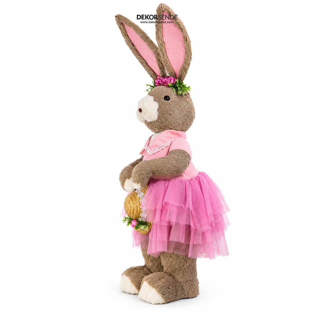 Paskalya Naturel Hasır Şapkalı Elbiseli Kız Tavşan Figürü Pembe 115 cm - Kategorisiz