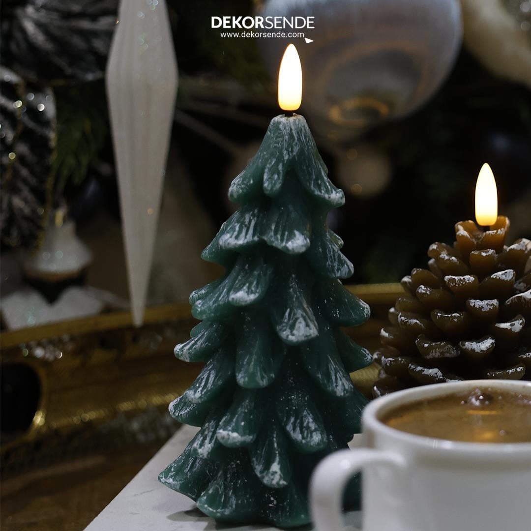 Pilli Mum Çam Ağacı Kar Desenli Yeşil 14 cm - Pilli Mumlar
