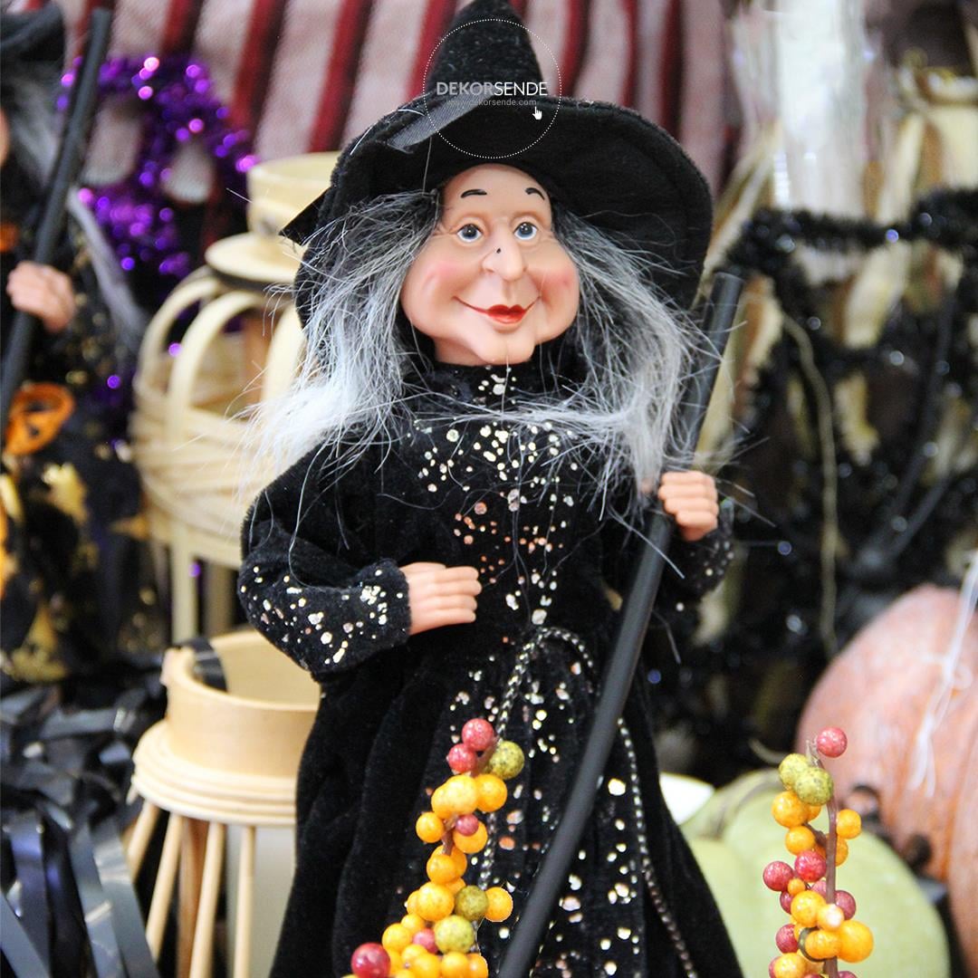 Süpürgeli Cadı Siyah 35 cm - Halloween