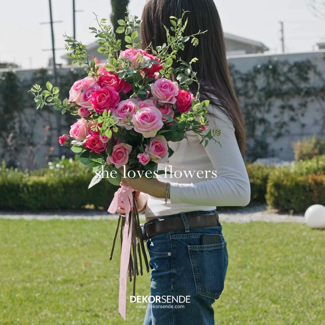 Yapay 3 Kafalı Açmış Gül Dal Pembe 65 cm - Yapay Çiçek Dalları ve Demetleri