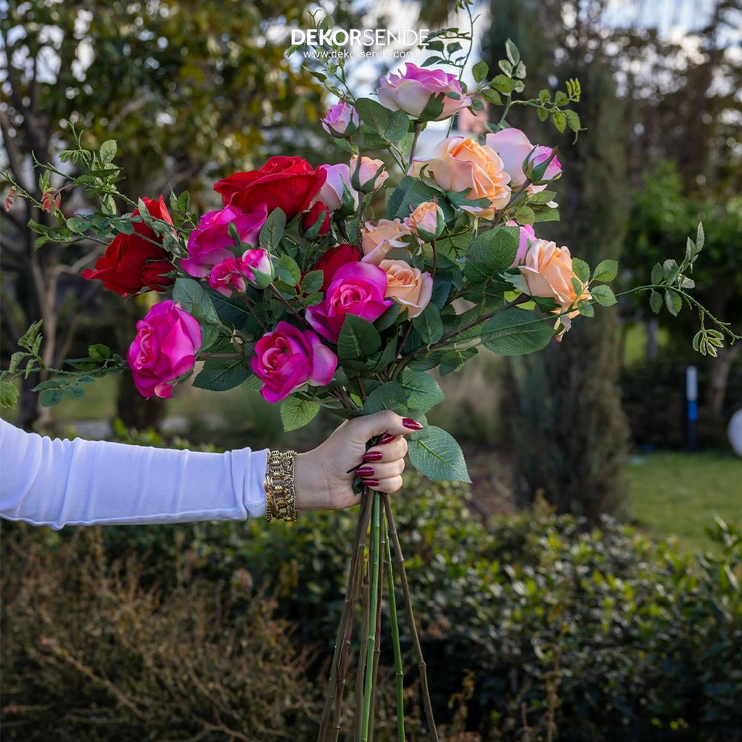 Yapay 3'lü Açmış Gül Dal Turuncu 65 cm - Yapay Çiçek Dalları ve Demetleri