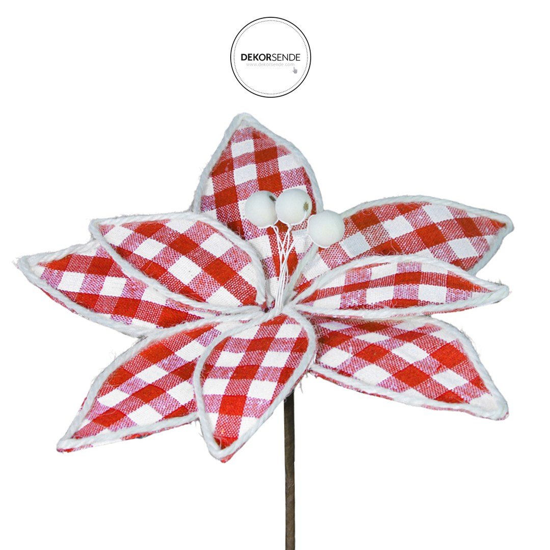 Yapay Kare Desen Ponsetya Kırmızı Beyaz 25 cm - Yılbaşı Yapay Çiçekleri