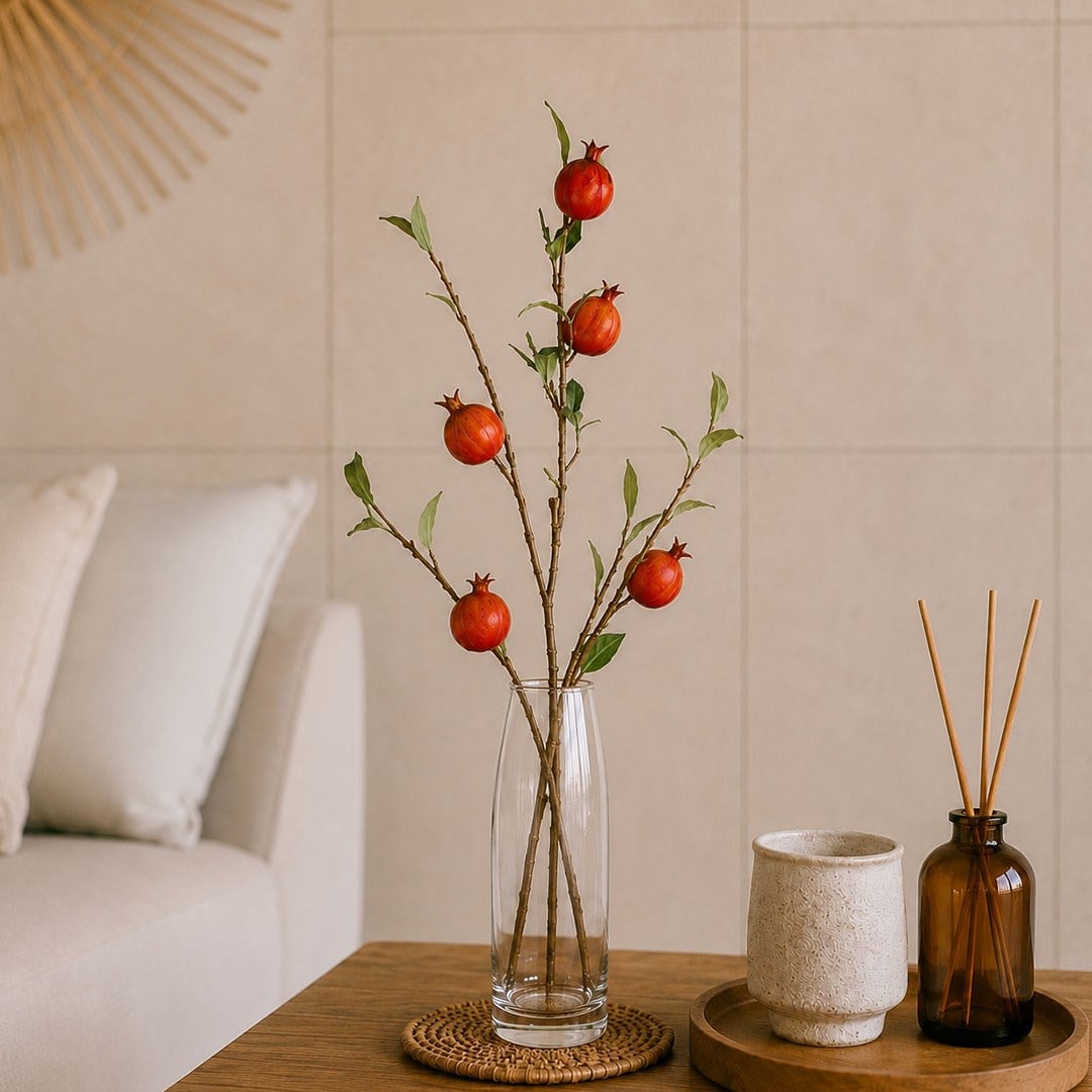 Yapay Nar Dalı Yeşil Kırmızı 90 cm - Yapay Ağaç Yaprakları