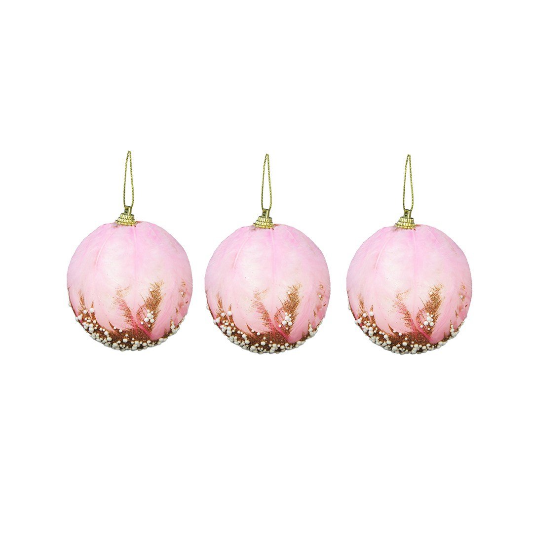 Yılbaşı Ağaç Topu Tüylü Simli 3 Adet Pembe 8 cm - Yılbaşı Topları