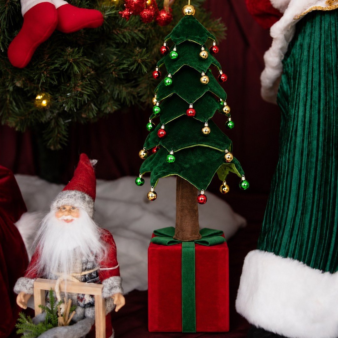 Yılbaşı Ağacı Süslü Kadife Yeşil Kırmızı 110 cm - Çam Ağacı ve Garland