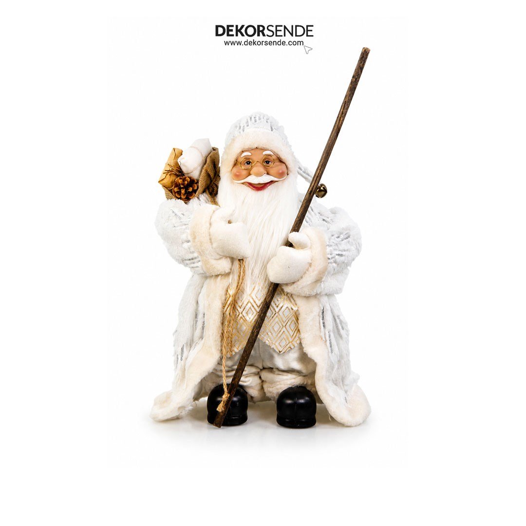 Yılbaşı Baklava Desenli Bastonlu Ayakta Noel Baba Figürü Beyaz-Altın 60 cm - Kategorisiz