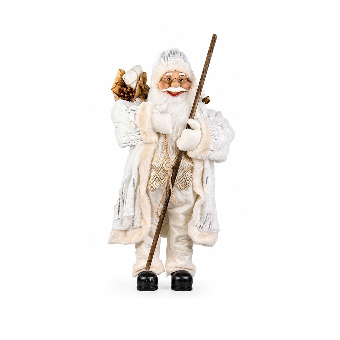 Yılbaşı Baklava Desenli Bastonlu Ayakta Noel Baba Figürü Beyaz-Altın 60 cm - Kategorisiz