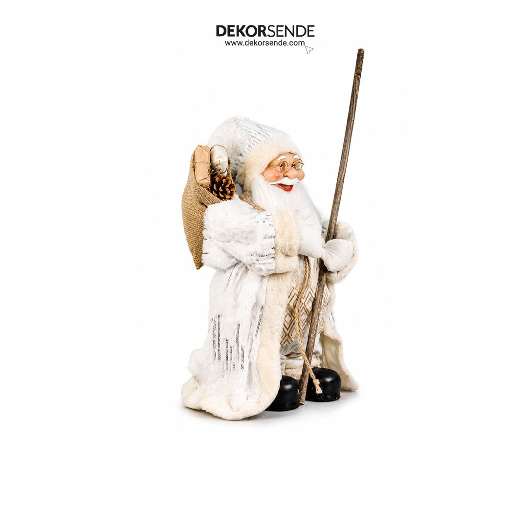 Yılbaşı Baklava Desenli Bastonlu Ayakta Noel Baba Figürü Beyaz-Altın 60 cm - Kategorisiz