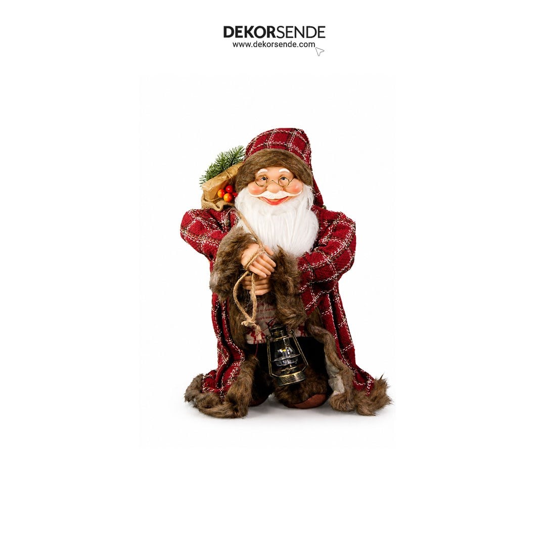 Yılbaşı Ekoseli Kahverengi Kürklü Noel Baba Figürü Kırmızı 60 cm - Kategorisiz