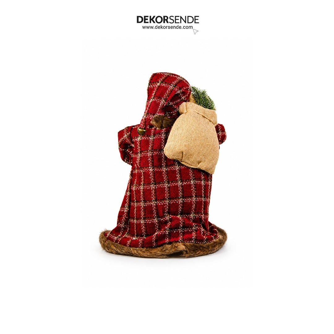 Yılbaşı Ekoseli Kahverengi Kürklü Noel Baba Figürü Kırmızı 60 cm - Kategorisiz