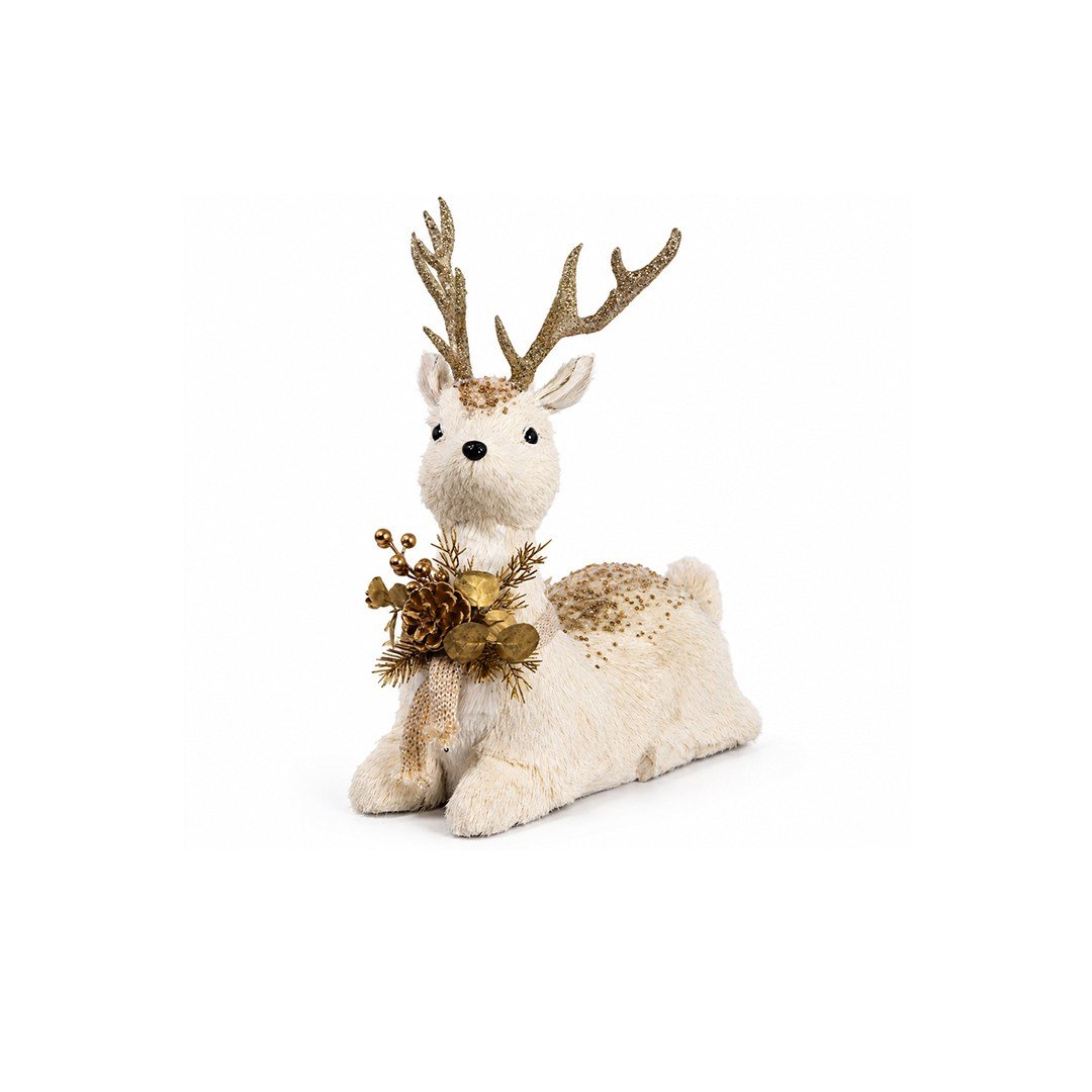 Yılbaşı Figürü Geyik Dekoratif Simli Oturan Krem 42 cm - Noel Baba ve Figürler