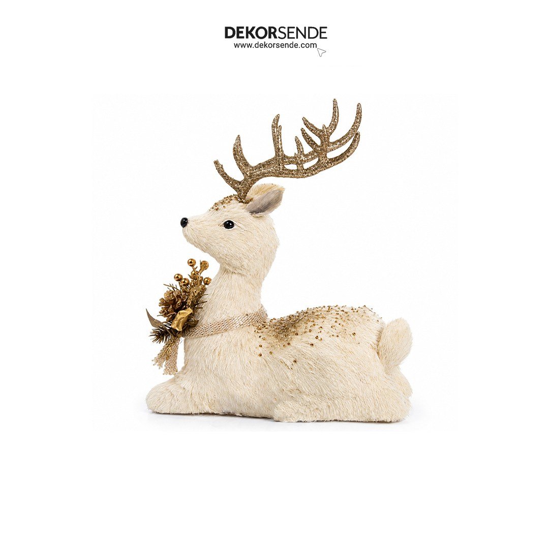 Yılbaşı Figürü Geyik Dekoratif Simli Oturan Krem 42 cm - Noel Baba ve Figürler