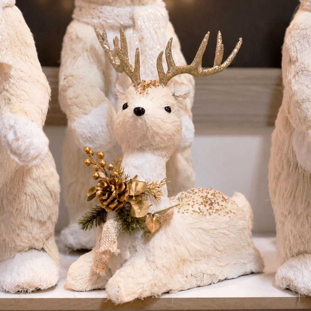 Yılbaşı Figürü Geyik Dekoratif Simli Oturan Krem 42 cm - Noel Baba ve Figürler