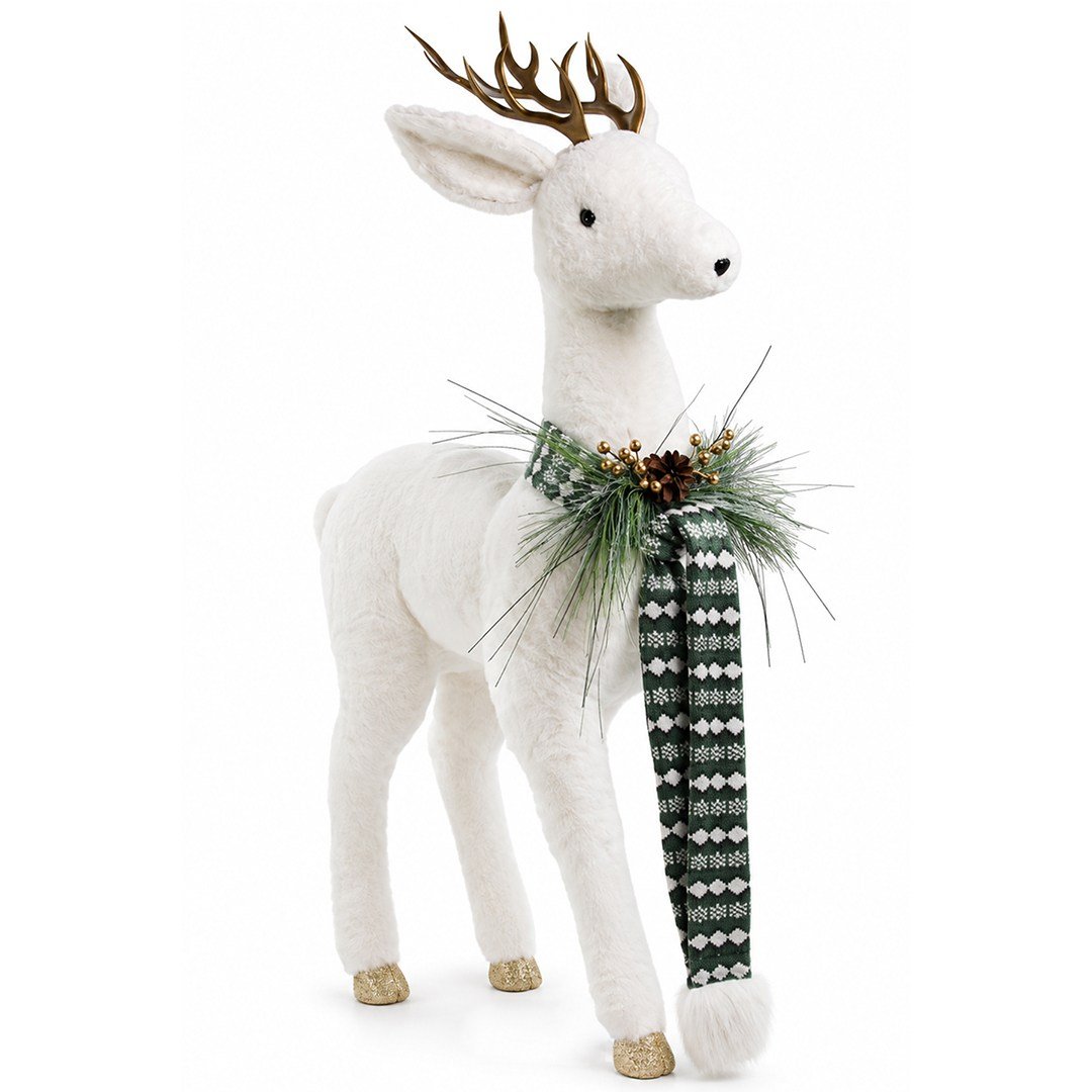 Yılbaşı Figürü Geyik Yeşil Atkılı Ayakta Beyaz 98 cm - Noel Baba ve Figürler