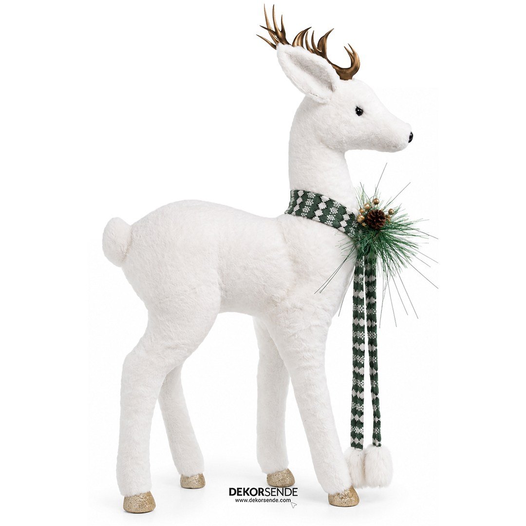 Yılbaşı Figürü Geyik Yeşil Atkılı Ayakta Beyaz 98 cm - Noel Baba ve Figürler