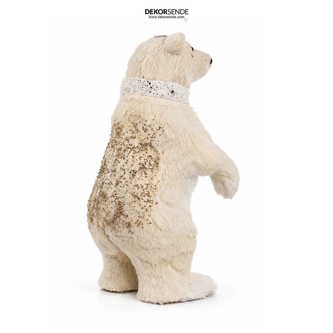 Yılbaşı Figürü Kutup Ayısı Dekoratif Simli Ayakta Krem 60 cm - Noel Baba ve Figürler