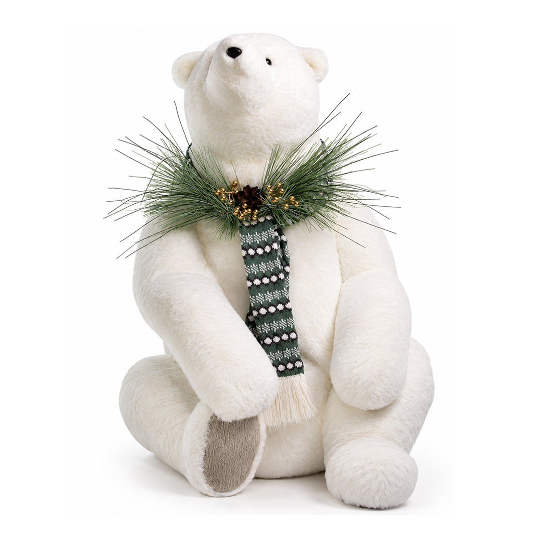 Yılbaşı Figürü Kutup Ayısı Yeşil Atkılı Oturan Beyaz 85 cm - Noel Baba ve Figürler