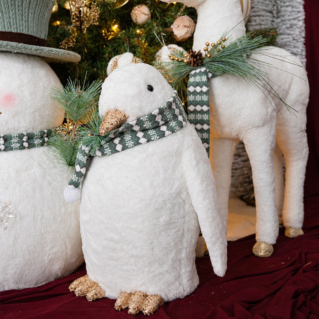 Yılbaşı Figürü Penguen Yeşil Atkılı Beyaz 53 cm - Noel Baba ve Figürler