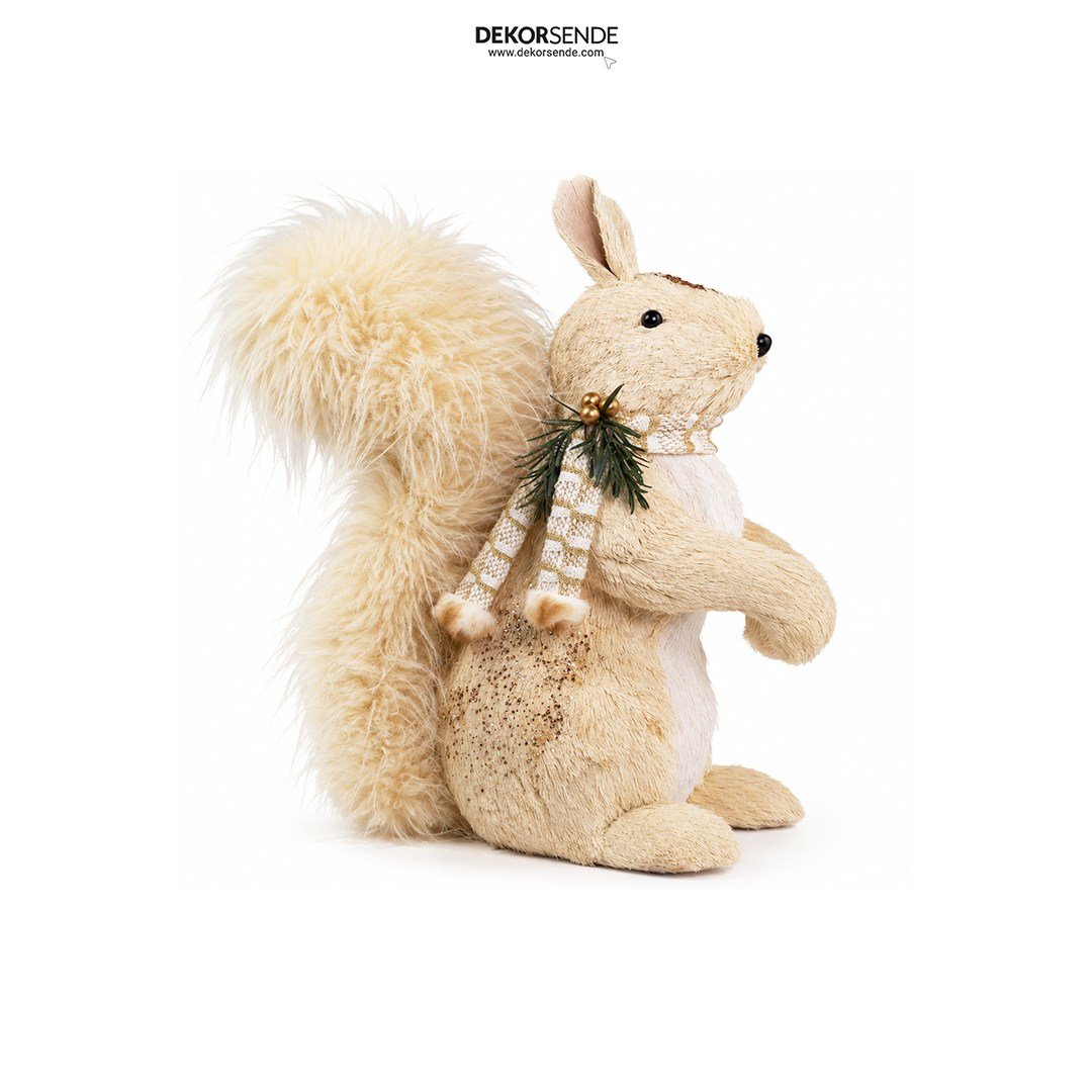 Yılbaşı Figürü Sincap Dekoratif Simli Krem 55 cm - Noel Baba ve Figürler