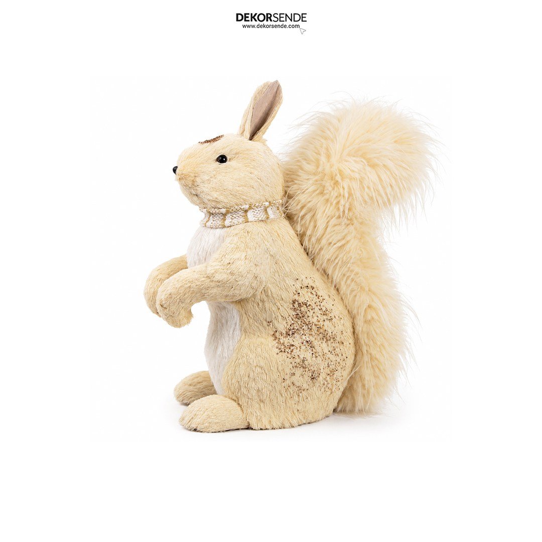 Yılbaşı Figürü Sincap Dekoratif Simli Krem 55 cm - Noel Baba ve Figürler