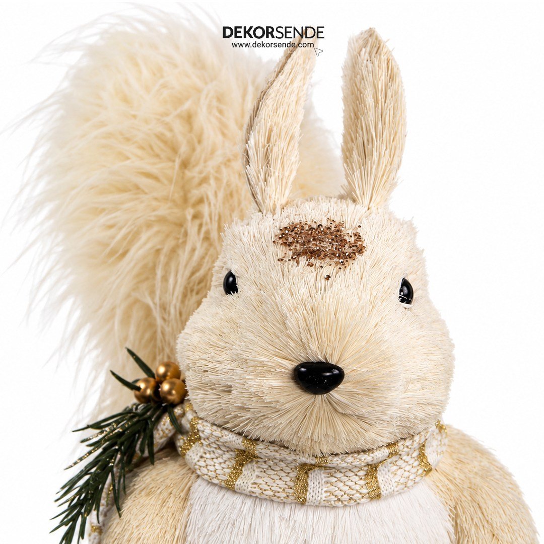 Yılbaşı Figürü Sincap Dekoratif Simli Krem 55 cm - Noel Baba ve Figürler