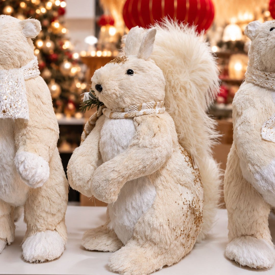 Yılbaşı Figürü Sincap Dekoratif Simli Krem 55 cm - Noel Baba ve Figürler